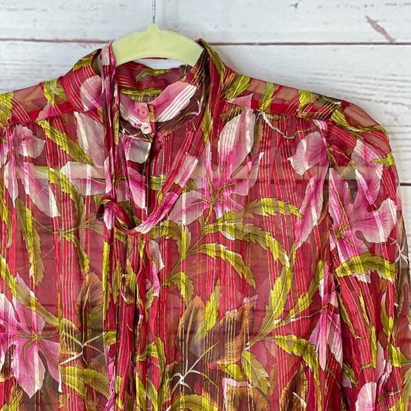 Handmade Sewn Women's Red Foral Print Button Down Long Sleeve Shirt Size M - Picture 2 of 8